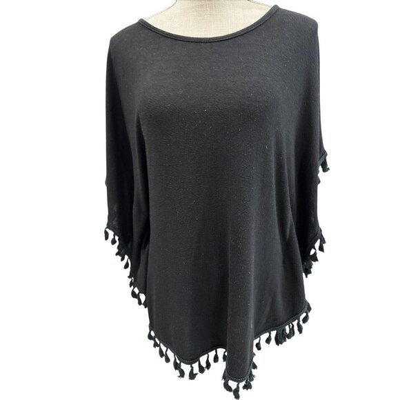 Paris El Moi Collection Black Tassel-Trim Poncho S/M Lightweight - Picture 1 of 8